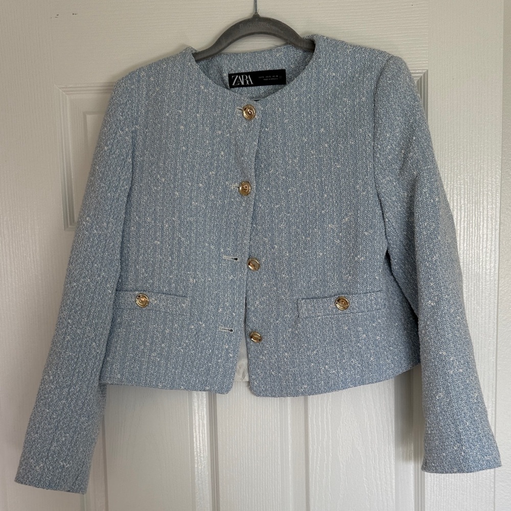 Zara Women's Light Blue Tweed Blazer with Gold Buttons